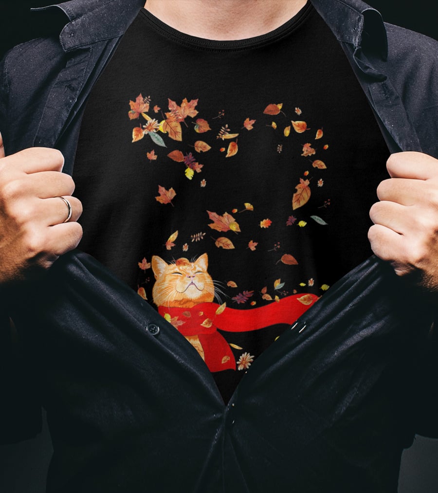 Hello Autumn Maple Leaf Fall Funny Cat Kitten Lover T-Shirt