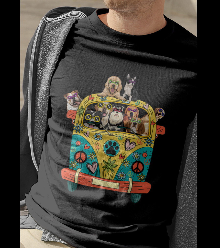 Peace Love Dogs Hippie Van With Sunglasses And Tropical Flowers T-Shirt