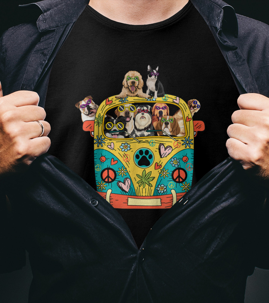 Peace Love Dogs Hippie Van With Sunglasses And Tropical Flowers T-Shirt