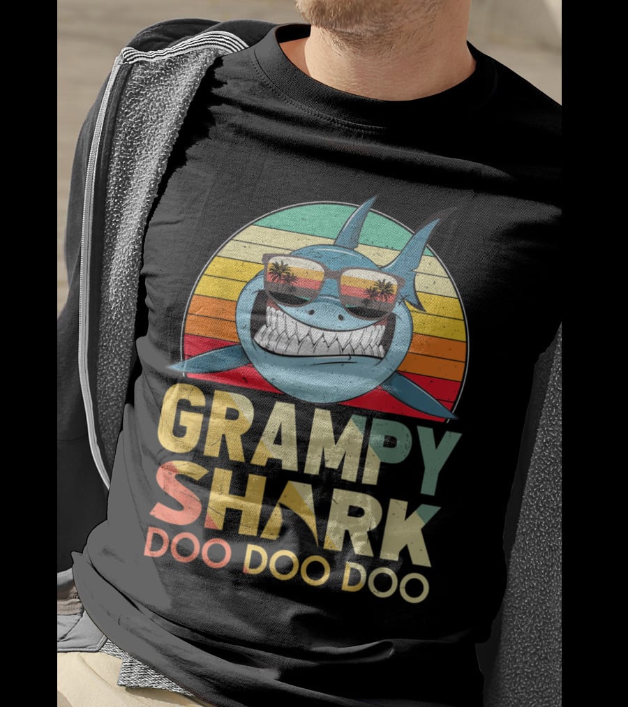 Grampy Shark Doo Doo Doo Retro Vintage Palm Trees Sunglasses T-Shirt