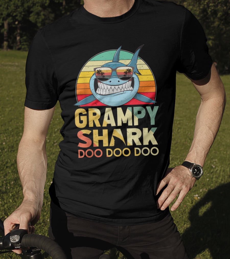 Grampy Shark Doo Doo Doo Retro Vintage Palm Trees Sunglasses T-Shirt