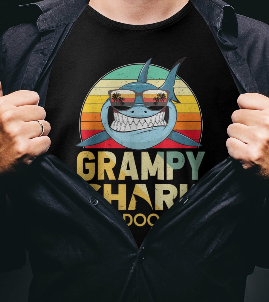 Grampy Shark Doo Doo Doo Retro Vintage Palm Trees Sunglasses T-Shirt