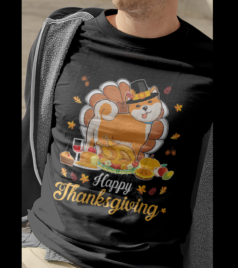 Happy Thanksgiving Shiba Inu Dog With Turkey Dish And Wine T-Shirt