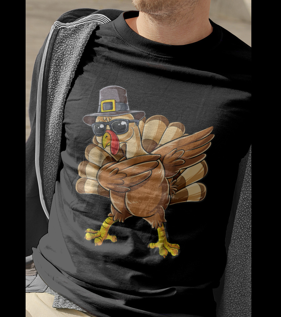 Thanksgiving Dabbing Turkey Pilgrim Hat Sunglasses Boys Day T-Shirt