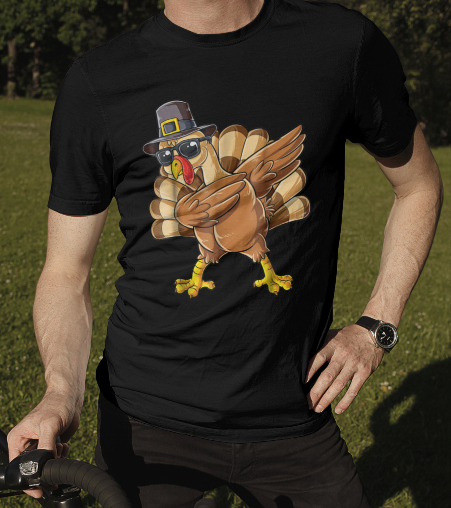 Thanksgiving Dabbing Turkey Pilgrim Hat Sunglasses Boys Day T-Shirt