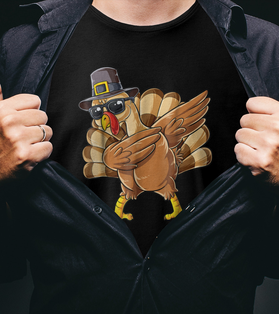 Thanksgiving Dabbing Turkey Pilgrim Hat Sunglasses Boys Day T-Shirt