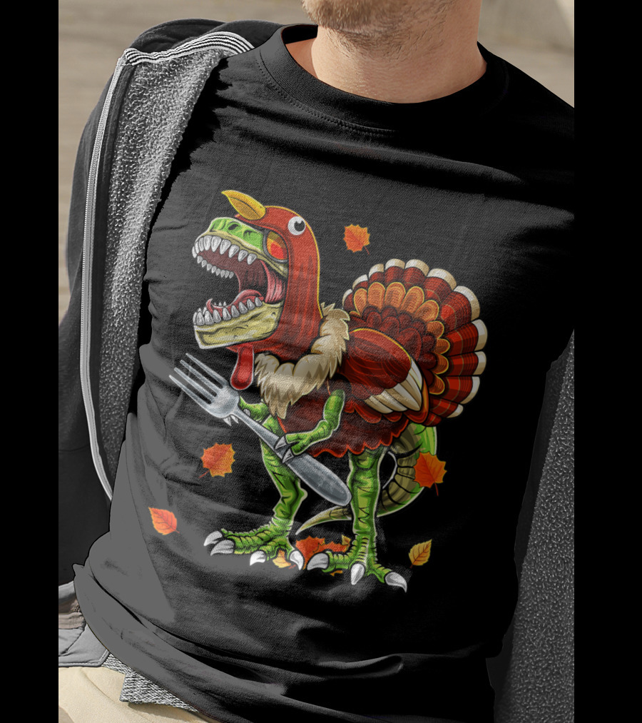 Thanksgiving Rex Dinosaur Turkey With Fork And Autumn Leaves T-Shirt