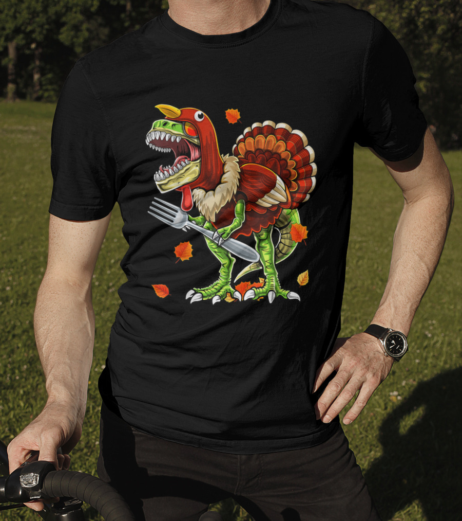 Thanksgiving Rex Dinosaur Turkey With Fork And Autumn Leaves T-Shirt