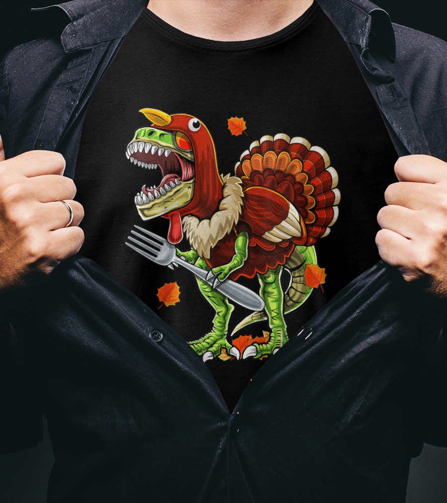 Thanksgiving Rex Dinosaur Turkey With Fork And Autumn Leaves T-Shirt