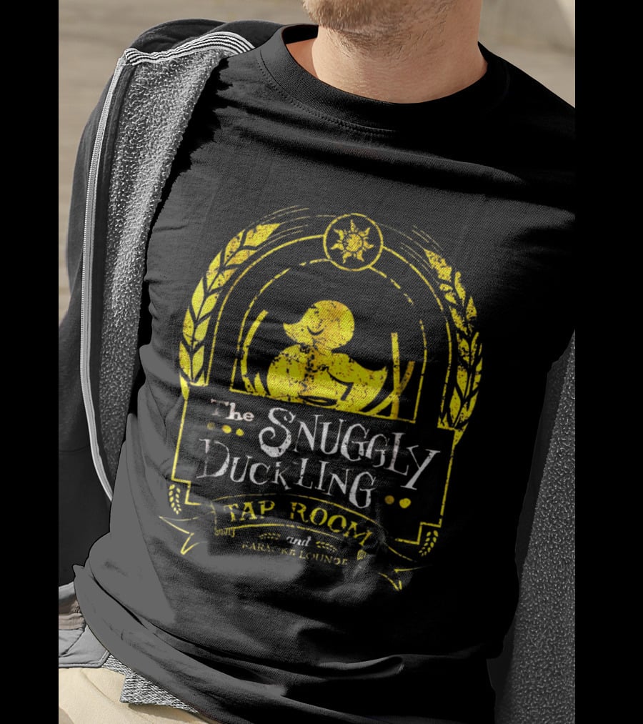 Snuggly Duckling Tap Room And Parlor Lounge With Yellow Duck And Sunburst Motif T-Shirt