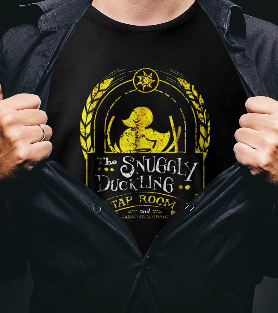 Snuggly Duckling Tap Room And Parlor Lounge With Yellow Duck And Sunburst Motif T-Shirt