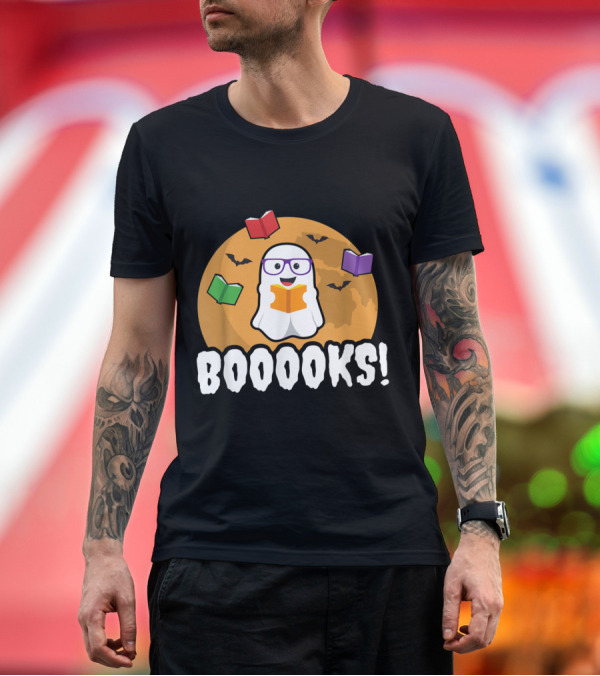 Premium T-Shirt: Booooks Ghost Boo Read Books Library Halloween Theme with Flying Bats and Moon T-Shirt Booooks Ghost Boo Read Books Library Halloween Theme with Flying Bats and Moon T-Shirt