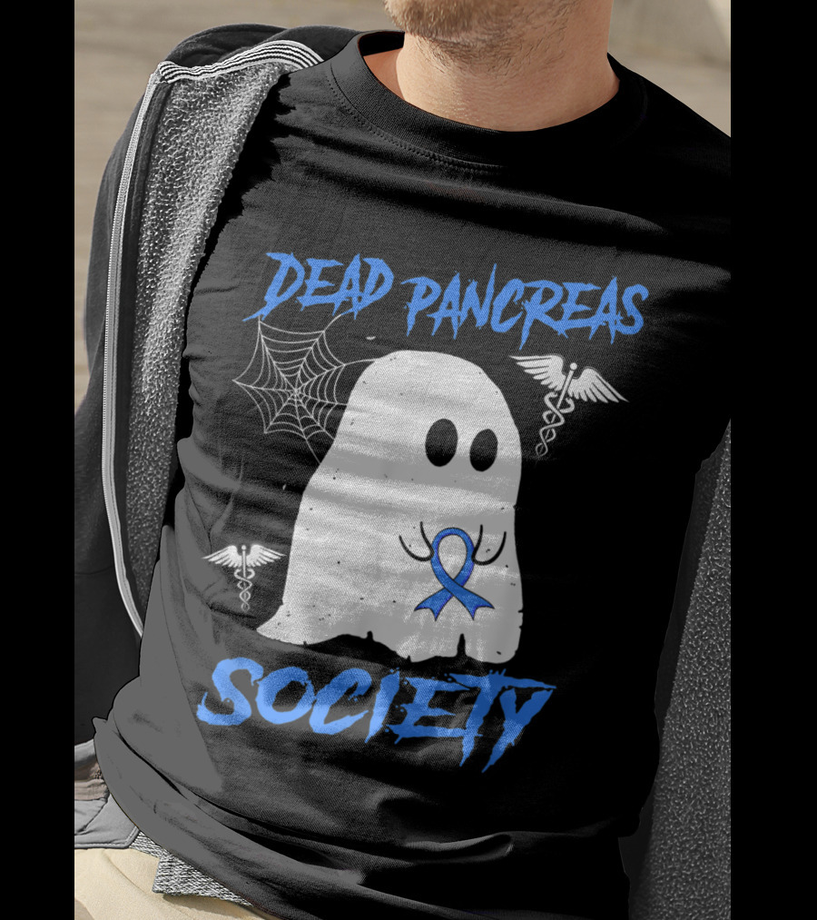 Dead Pancreas Society Diabetes Awareness Halloween Ghost With Blue Ribbon And Caduceus T-Shirt