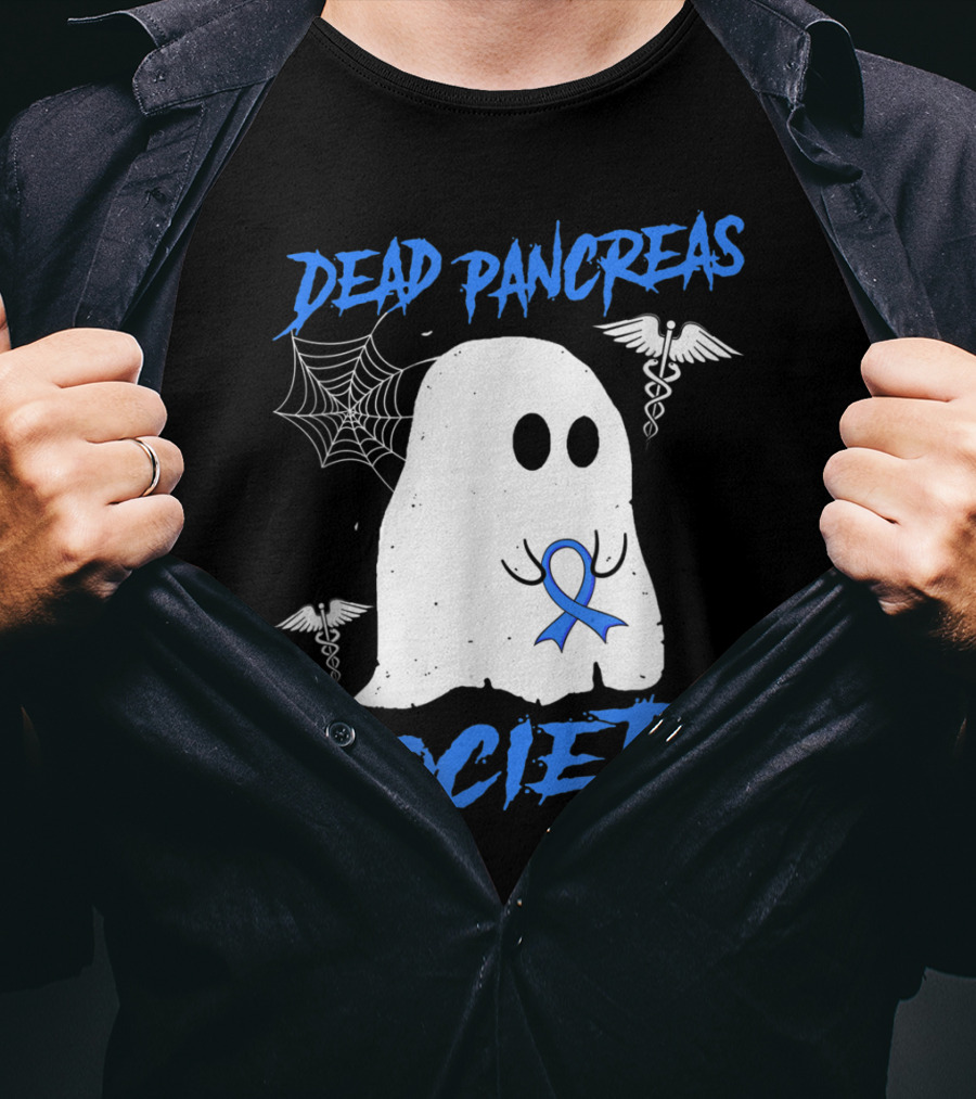 Dead Pancreas Society Diabetes Awareness Halloween Ghost With Blue Ribbon And Caduceus T-Shirt