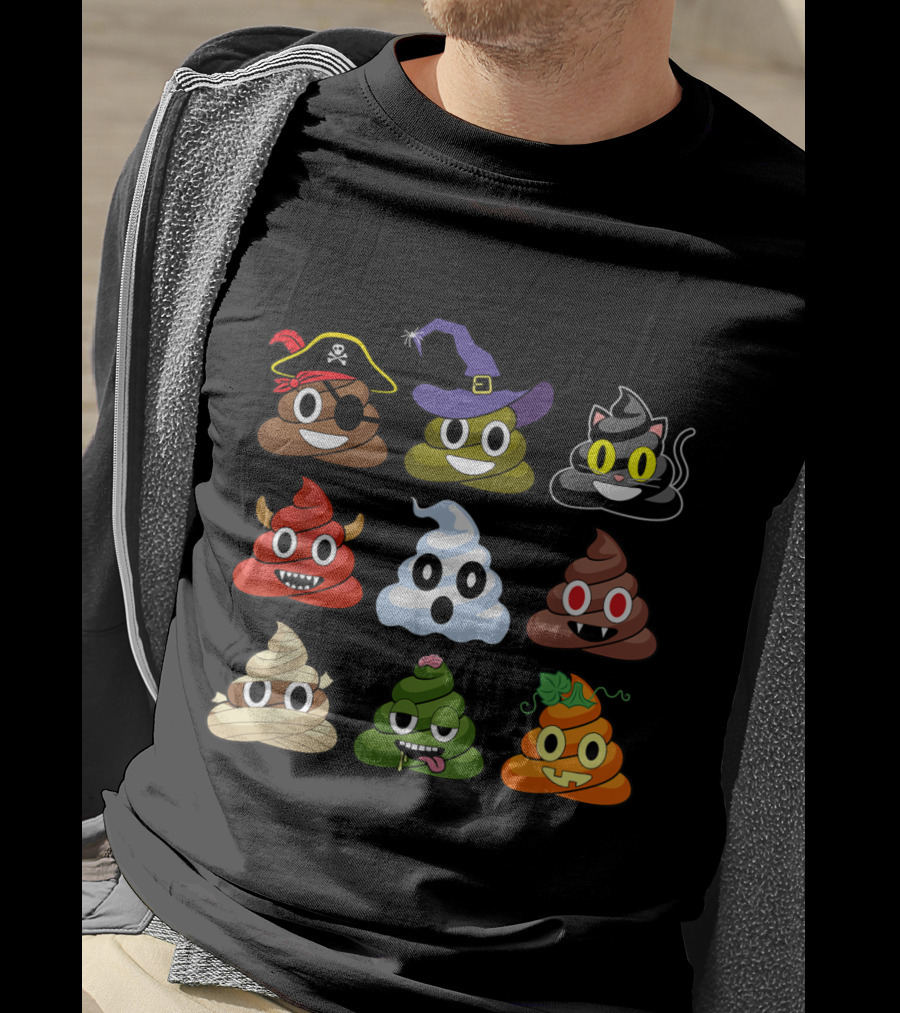 Halloween Pirate Witch Cat Devil Ghost Mummy Zombie Pumpkin Poop Emojis T-Shirt