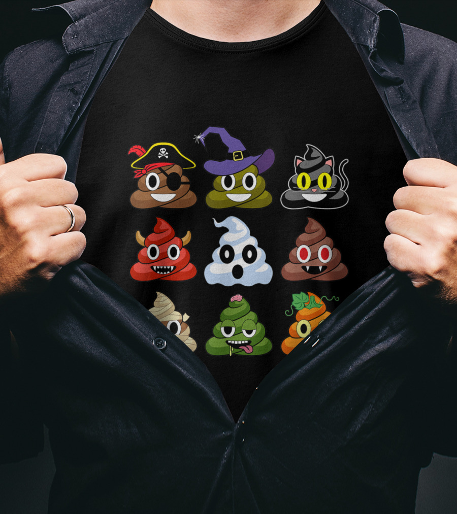 Halloween Pirate Witch Cat Devil Ghost Mummy Zombie Pumpkin Poop Emojis T-Shirt