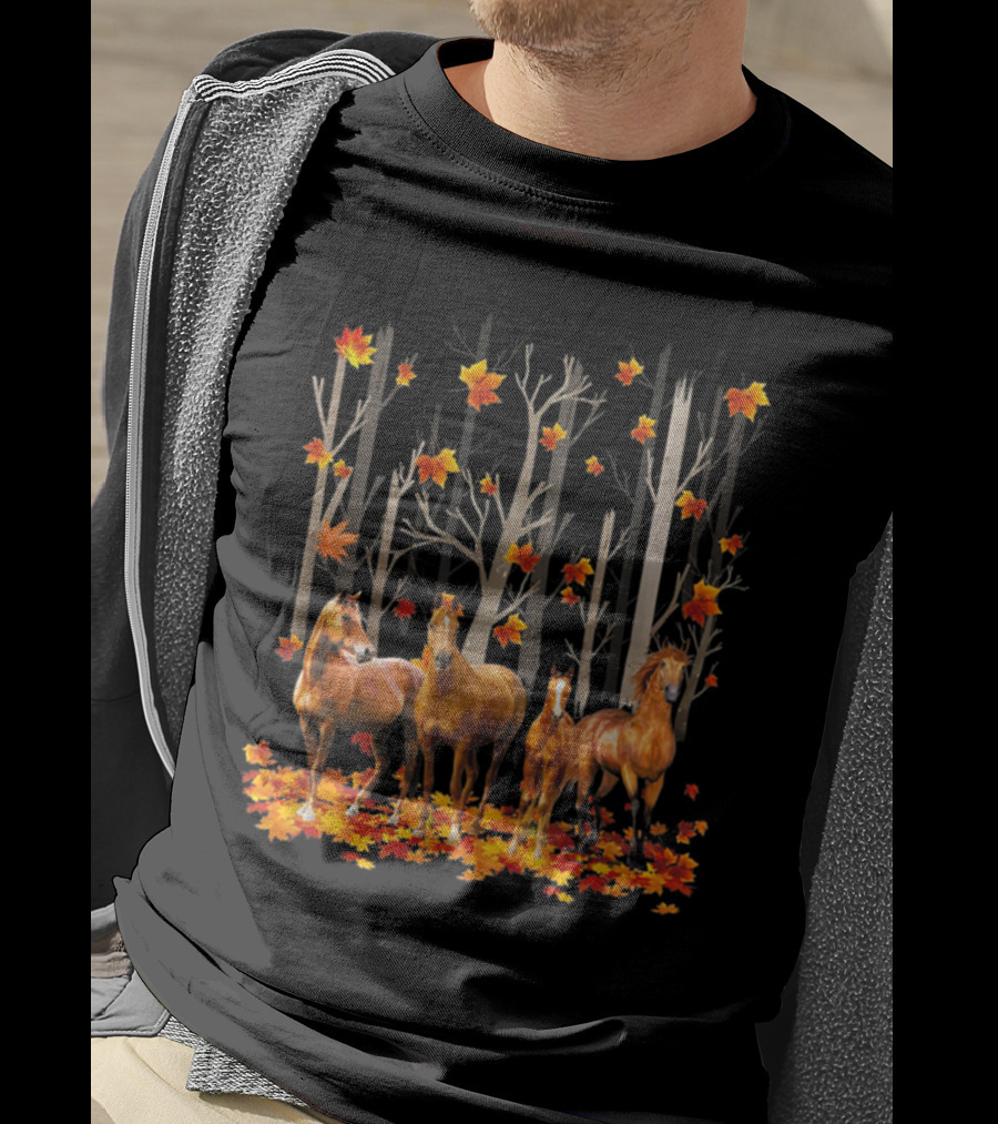 Maple Leaf Fall Hello Autumn Funny Horse Lover T-Shirt