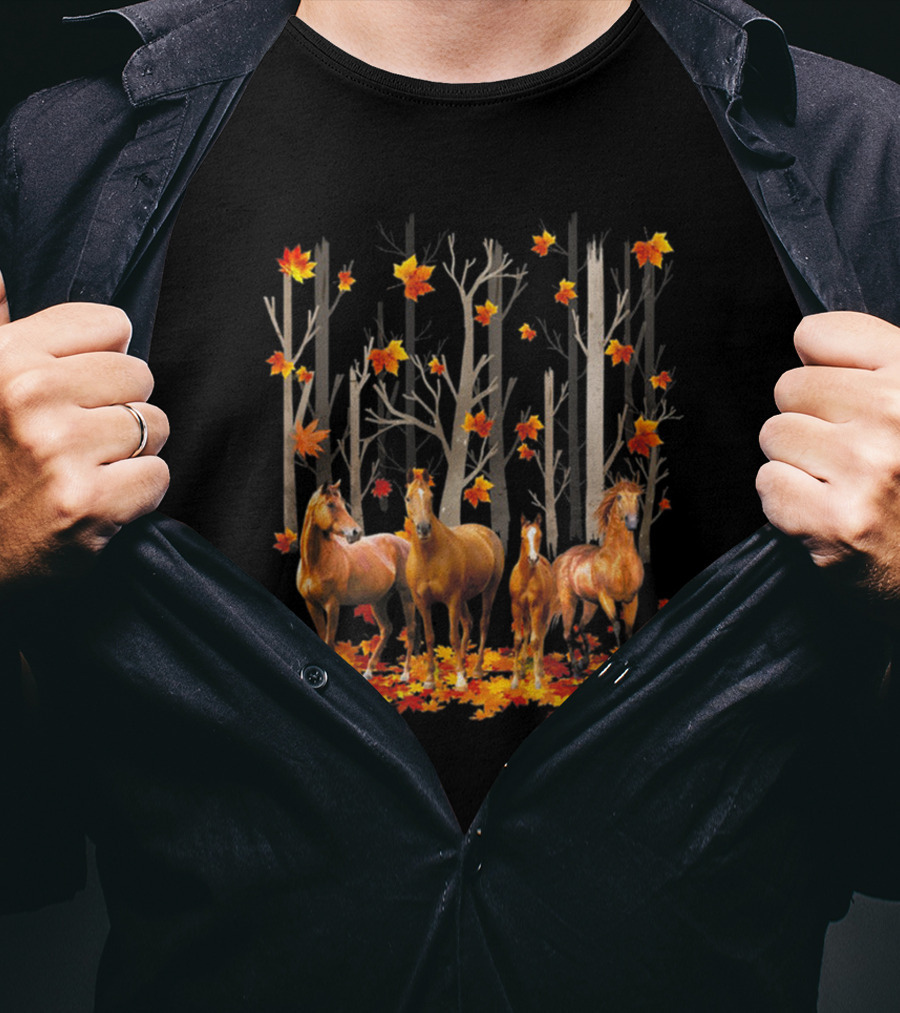 Maple Leaf Fall Hello Autumn Funny Horse Lover T-Shirt