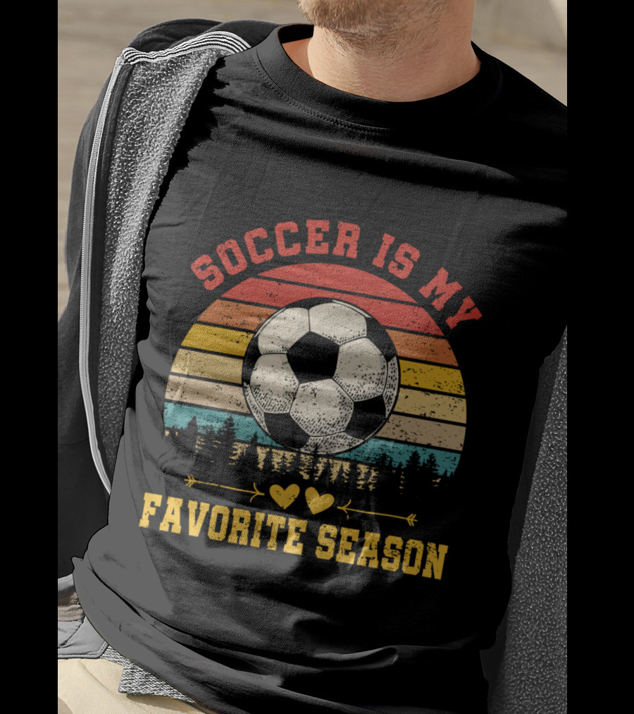 Soccer Is My Favorite Season Vintage Sunset Forest Soccer Ball T-Shirt