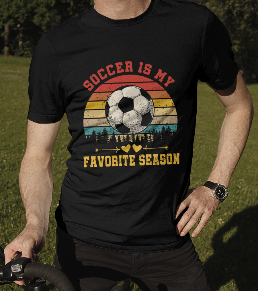 Soccer Is My Favorite Season Vintage Sunset Forest Soccer Ball T-Shirt