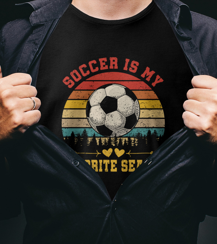 Soccer Is My Favorite Season Vintage Sunset Forest Soccer Ball T-Shirt
