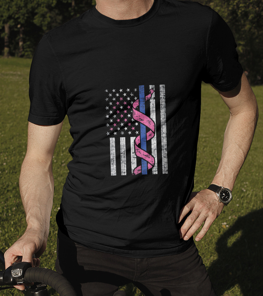 Blue Line American Flag Pink Ribbon Breast Cancer Awareness T-Shirt