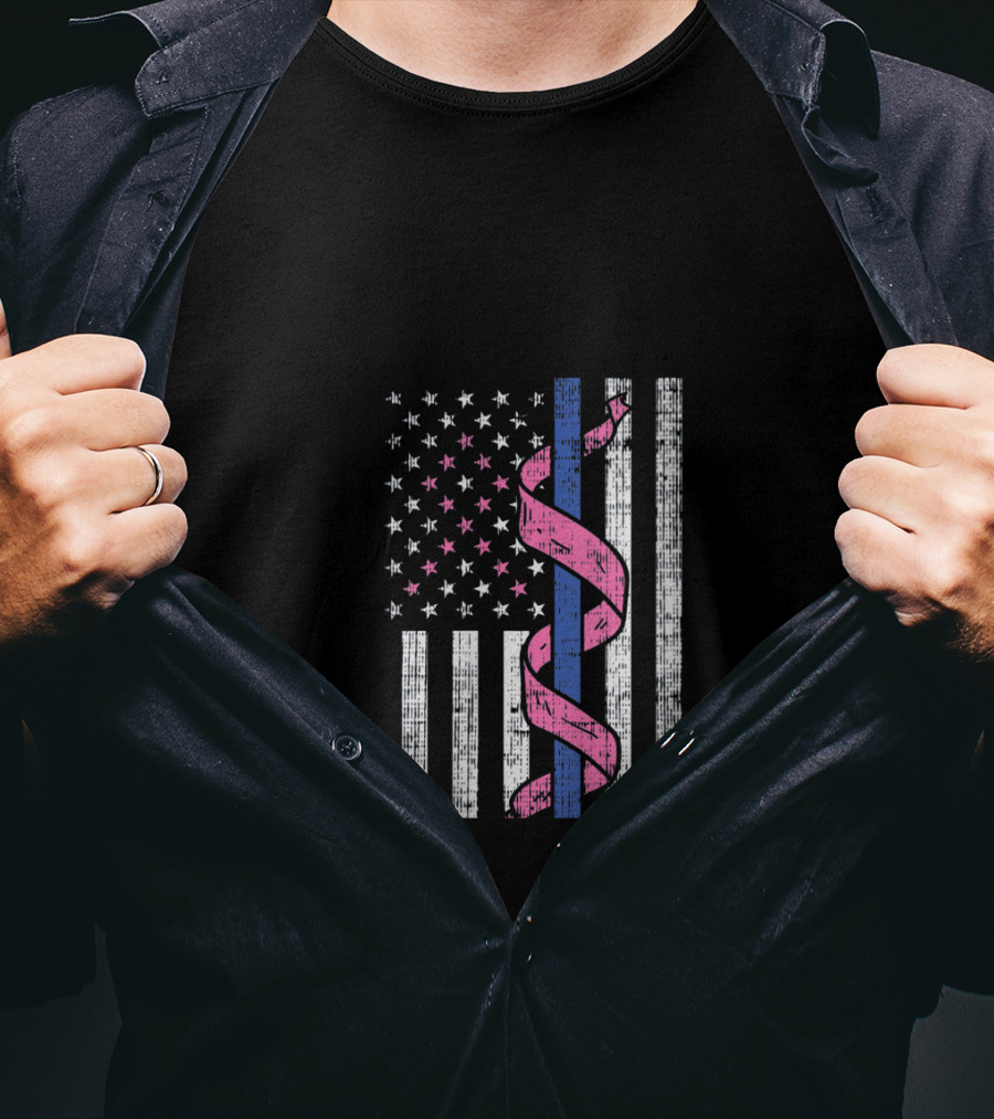Blue Line American Flag Pink Ribbon Breast Cancer Awareness T-Shirt