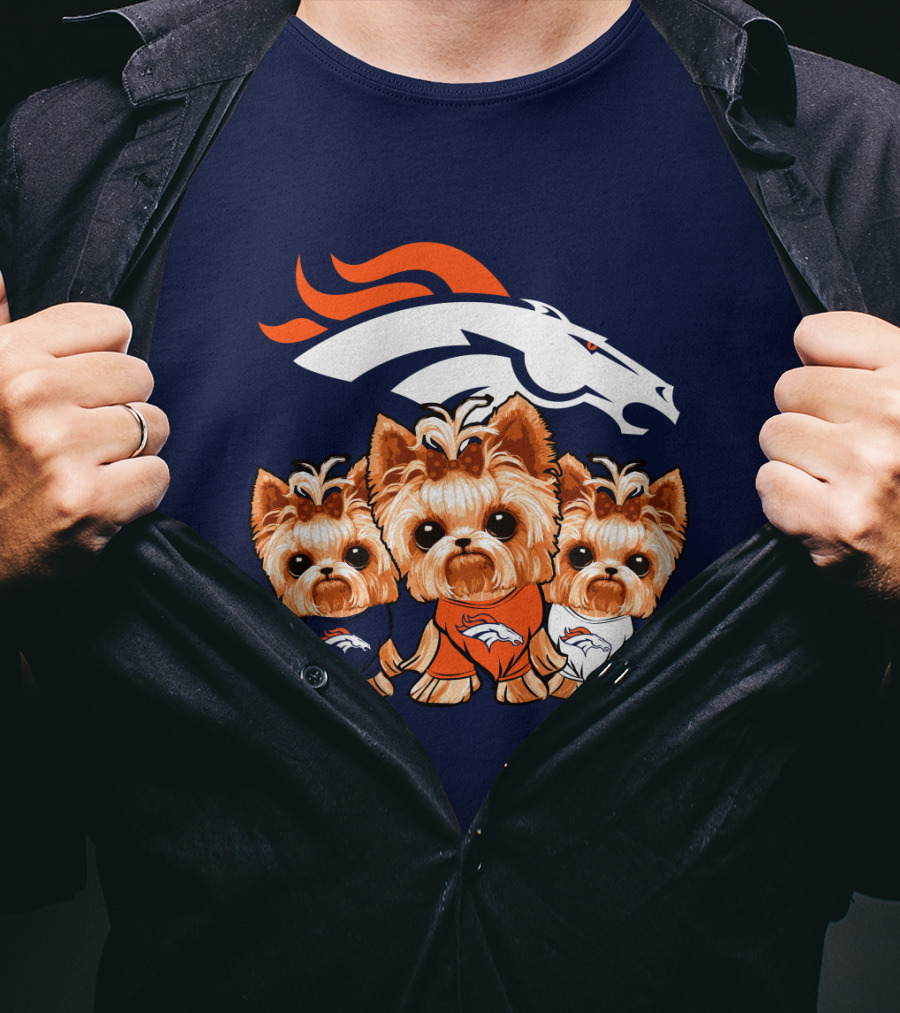 Denver Broncos Yorkies With Team Logo And Three Adorable Dogs In Jerseys T-Shirt
