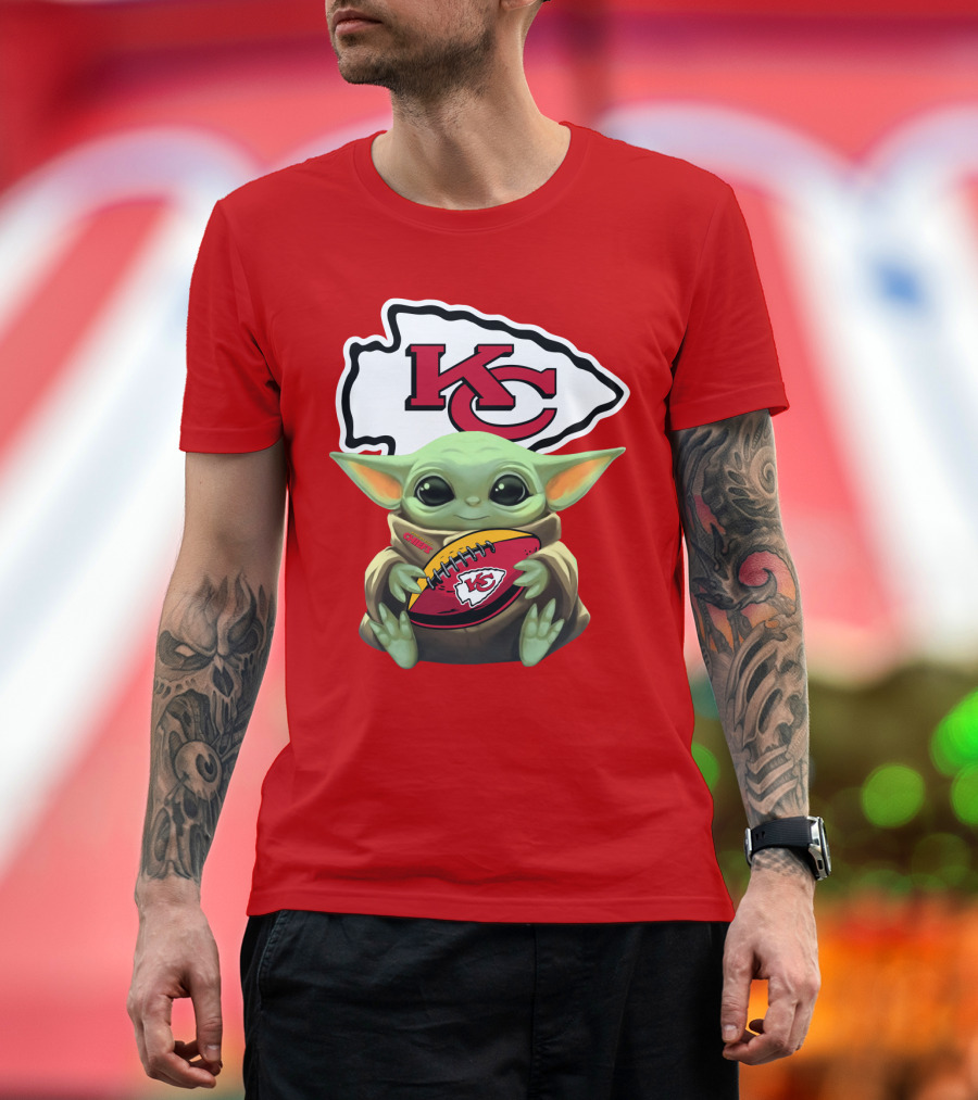 Baby Yoda Holds Kansas City Chiefs Football T-Shirt