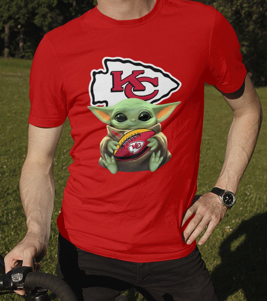 Baby Yoda Holds Kansas City Chiefs Football T-Shirt