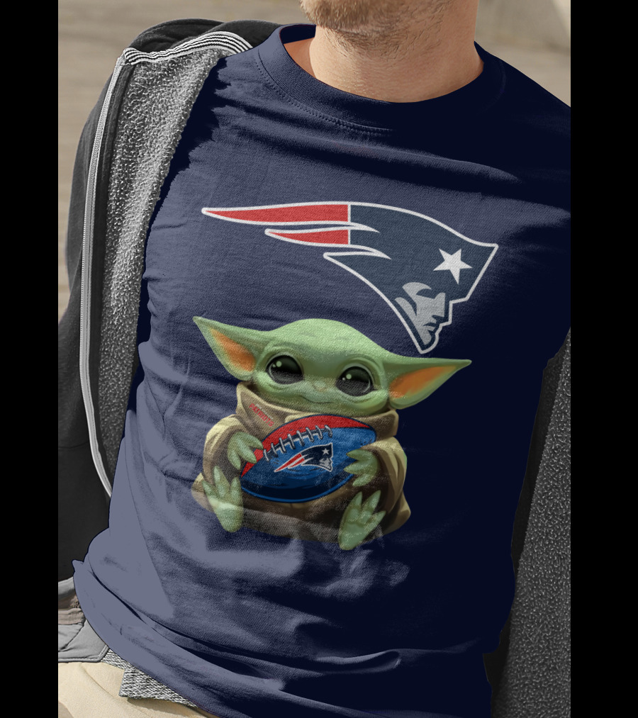 Baby Yoda Holding New England Patriots Football Under Patriots T-Shirt