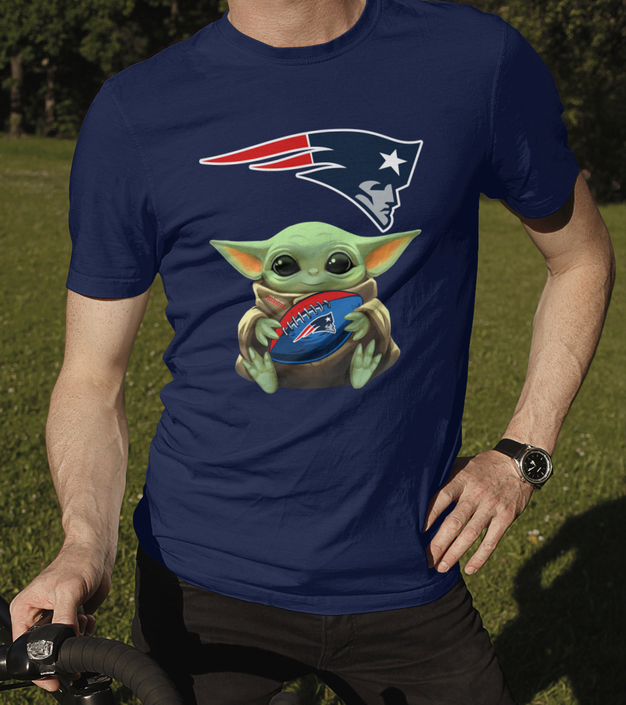 Baby Yoda Holding New England Patriots Football Under Patriots T-Shirt