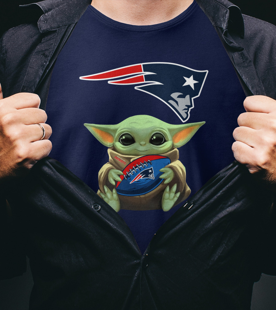 Baby Yoda Holding New England Patriots Football Under Patriots T-Shirt