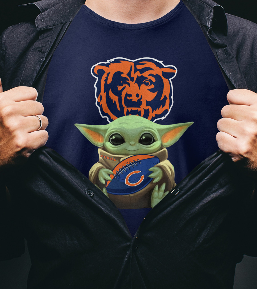 Baby Yoda Holding Chicago Bears Football With Team T-Shirt