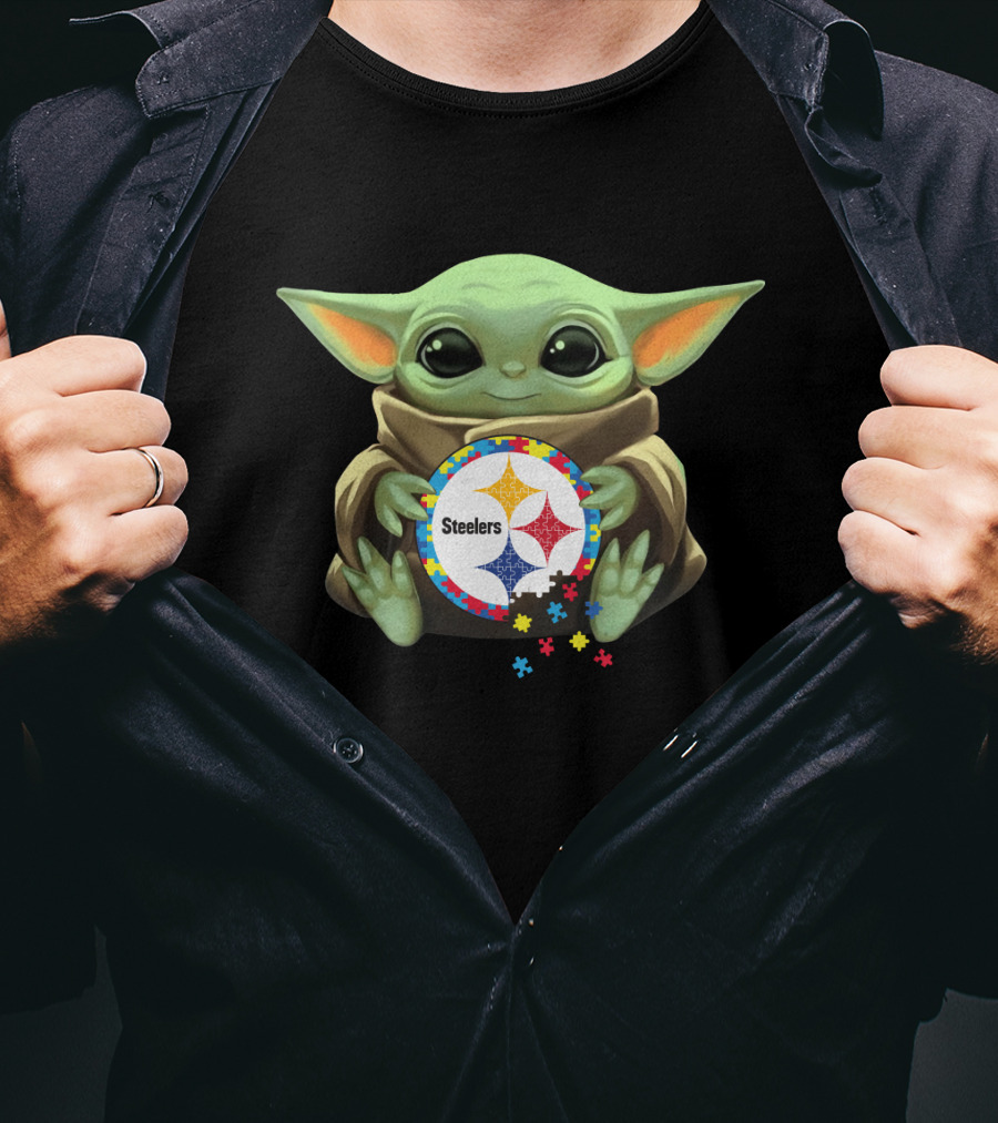 Baby Yoda Holding Steelers Autism Puzzle T-Shirt