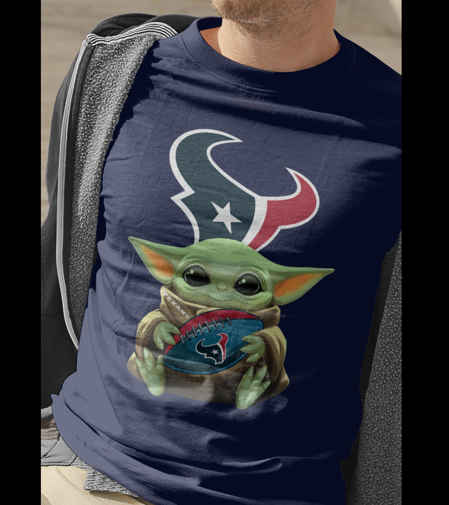 Baby Yoda Holding Houston Texans Football T-Shirt