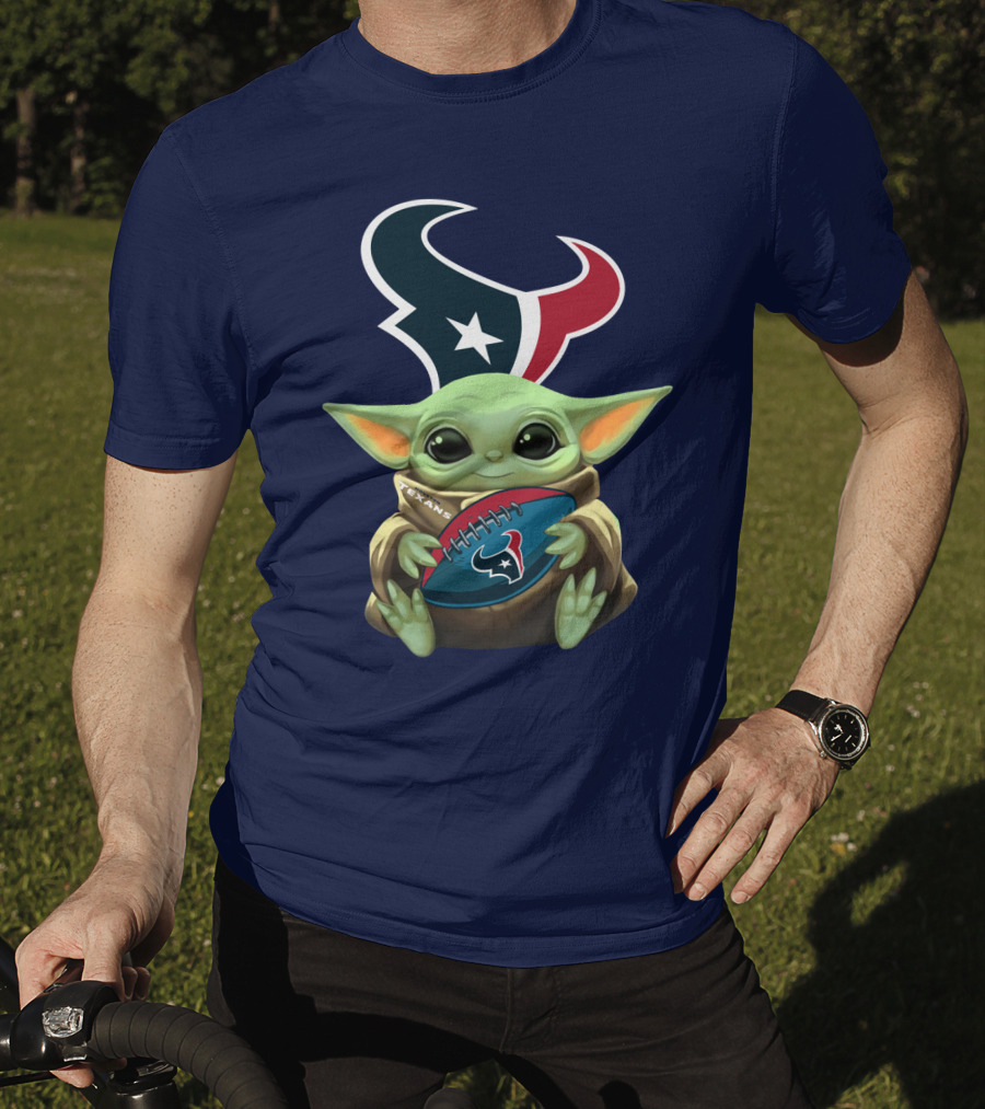 Baby Yoda Holding Houston Texans Football T-Shirt