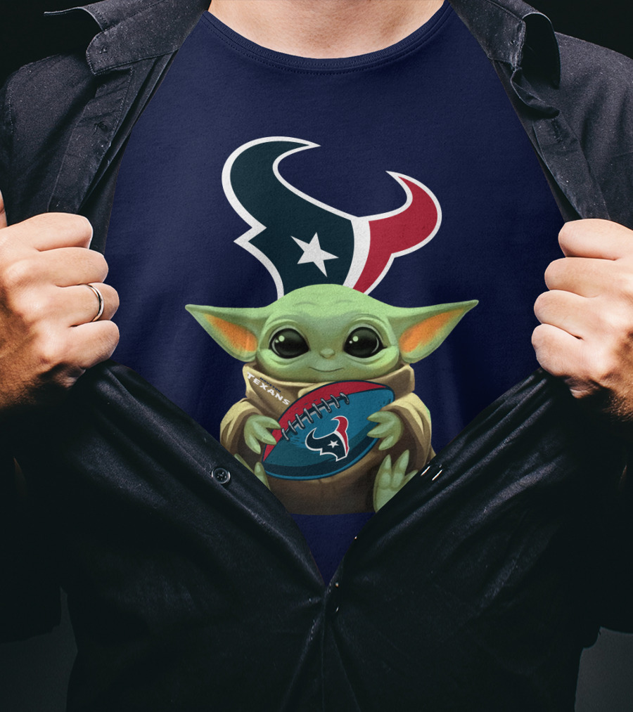 Baby Yoda Holding Houston Texans Football T-Shirt