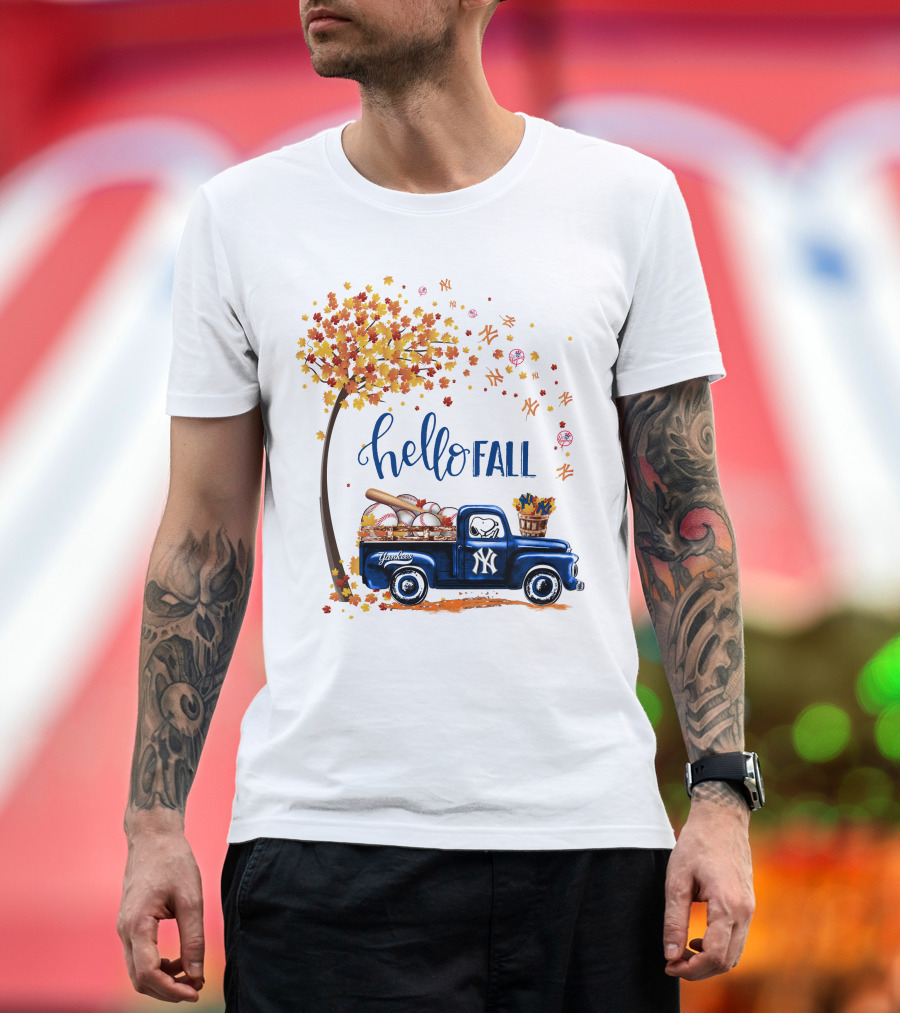 Hello Fall New York Yankees Autumn Truck Baseball Scene T-Shirt