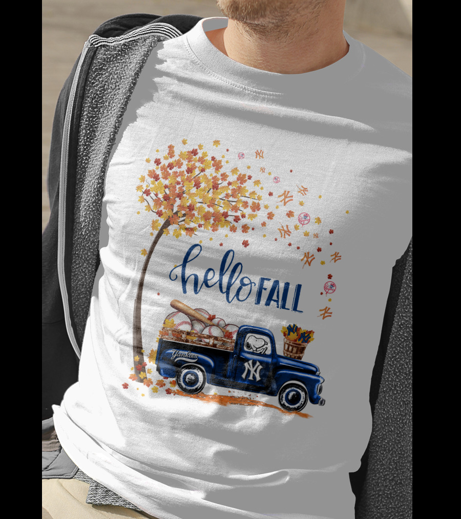 Hello Fall New York Yankees Autumn Truck Baseball Scene T-Shirt