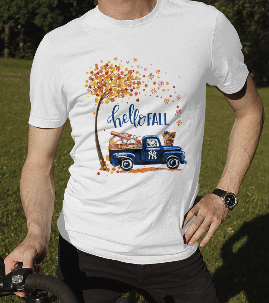 Hello Fall New York Yankees Autumn Truck Baseball Scene T-Shirt