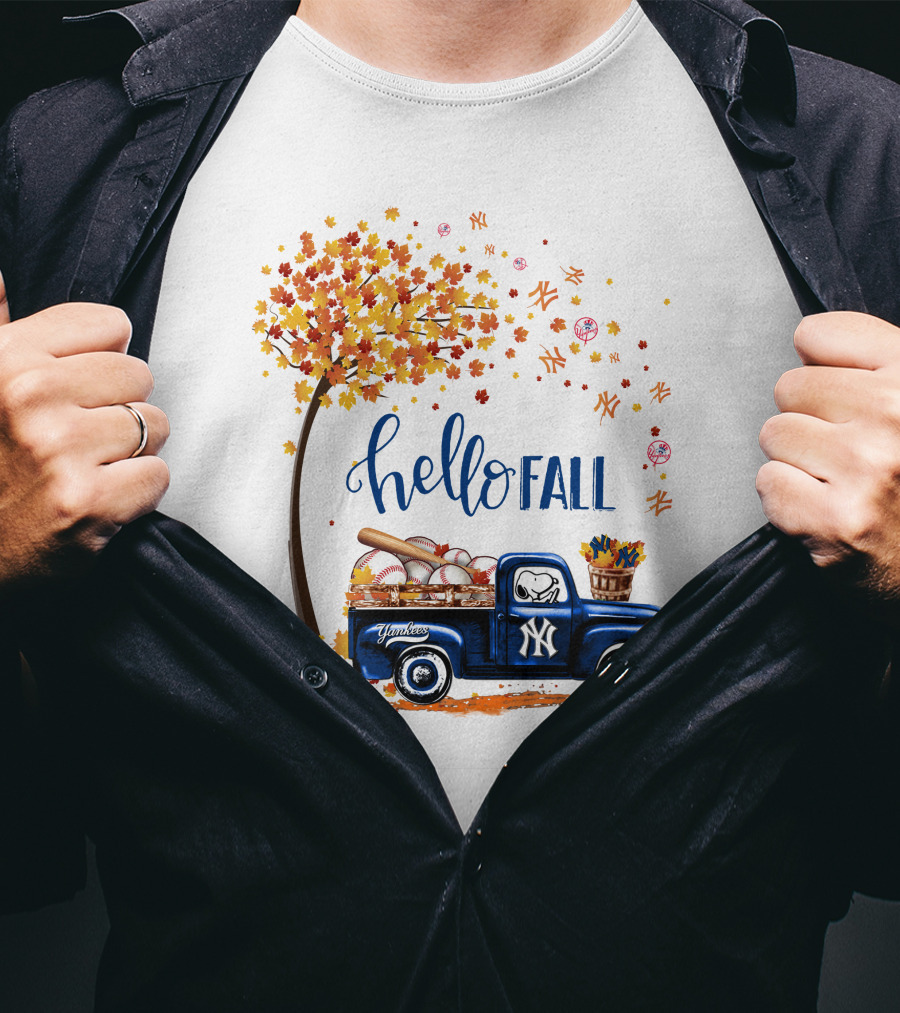 Hello Fall New York Yankees Autumn Truck Baseball Scene T-Shirt