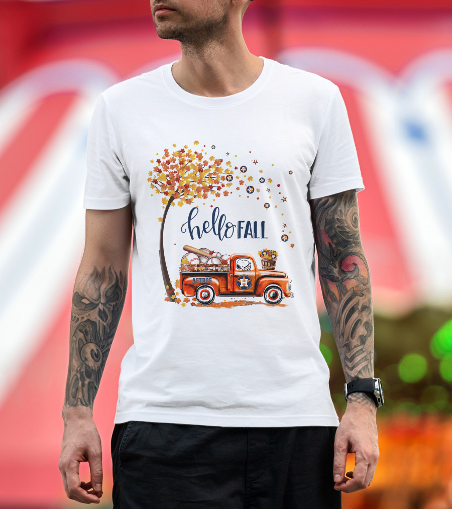 Hello Fall Astros Truck With Baseballs And Autumn Leaves T-Shirt
