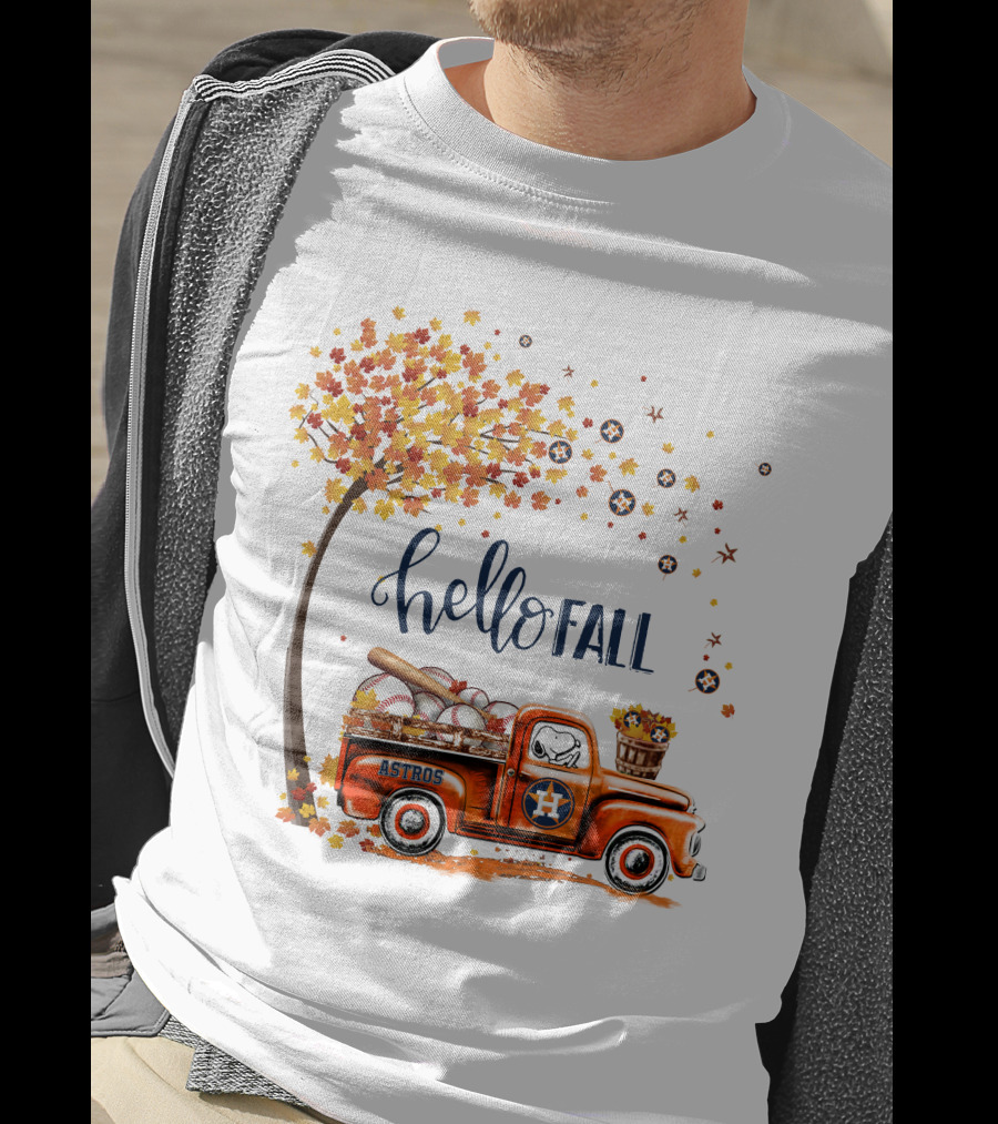 Hello Fall Astros Truck With Baseballs And Autumn Leaves T-Shirt