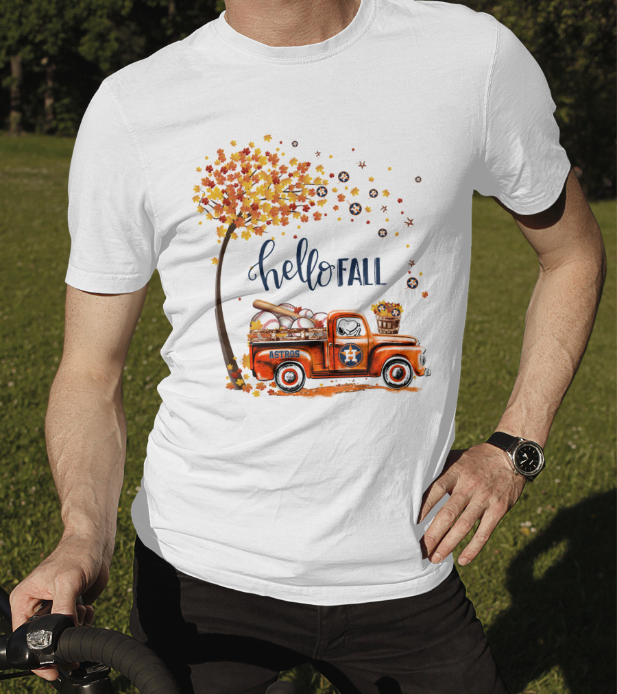 Hello Fall Astros Truck With Baseballs And Autumn Leaves T-Shirt
