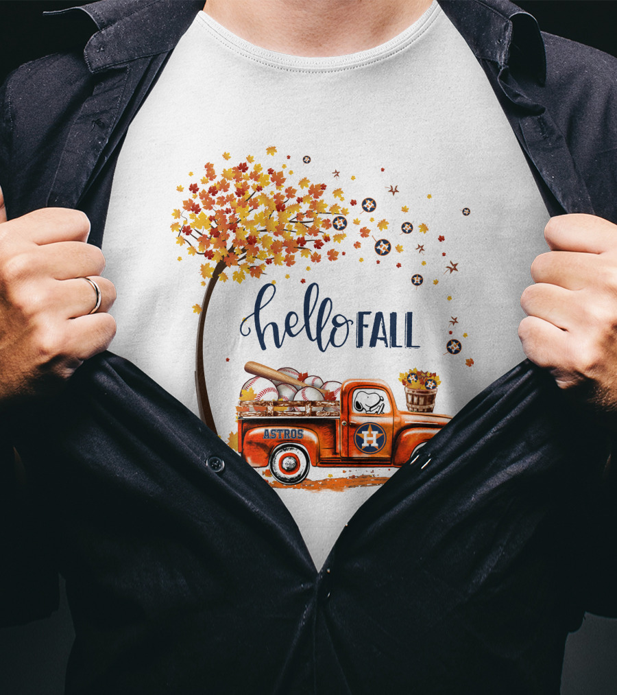 Hello Fall Astros Truck With Baseballs And Autumn Leaves T-Shirt