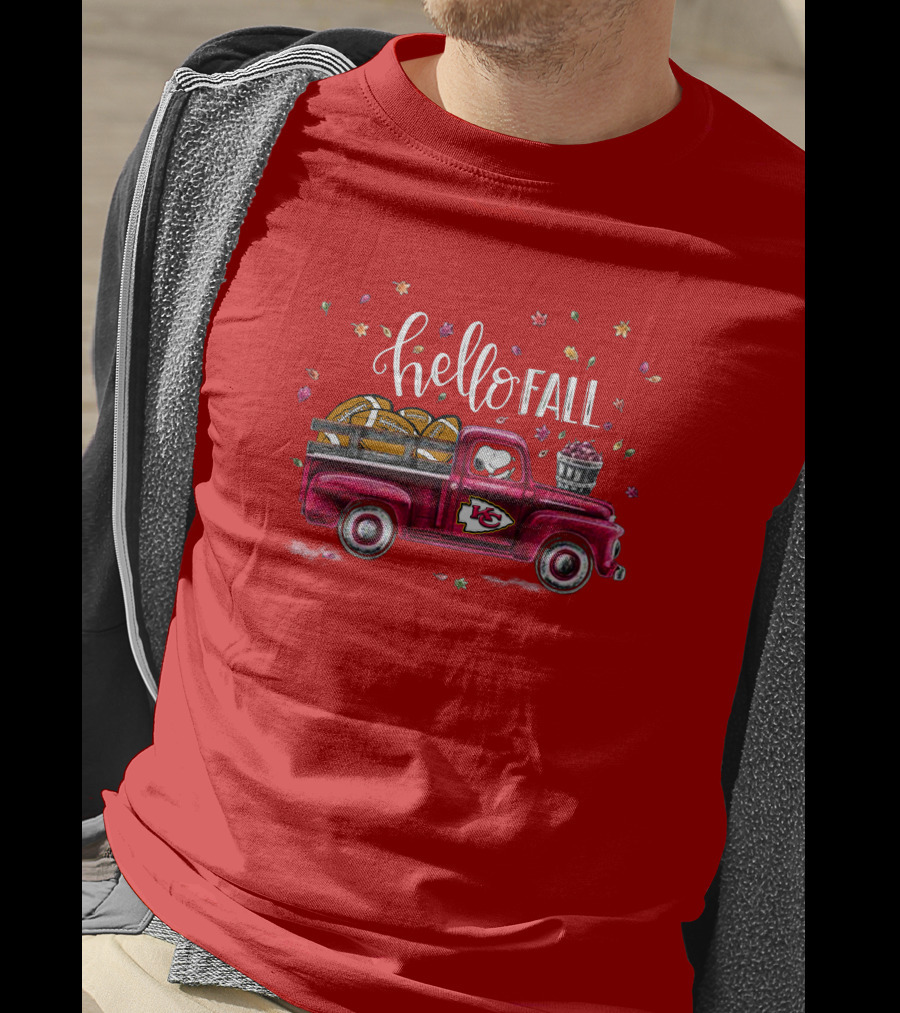 Hello Fall Kansas City Chiefs Truck With Autumn Leaves T-Shirt