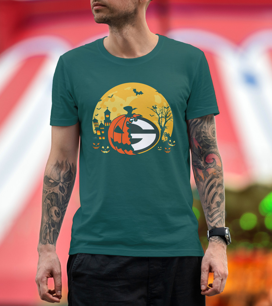 Halloween Green Bay Packers Pumpkin Moon Night Scene T-Shirt