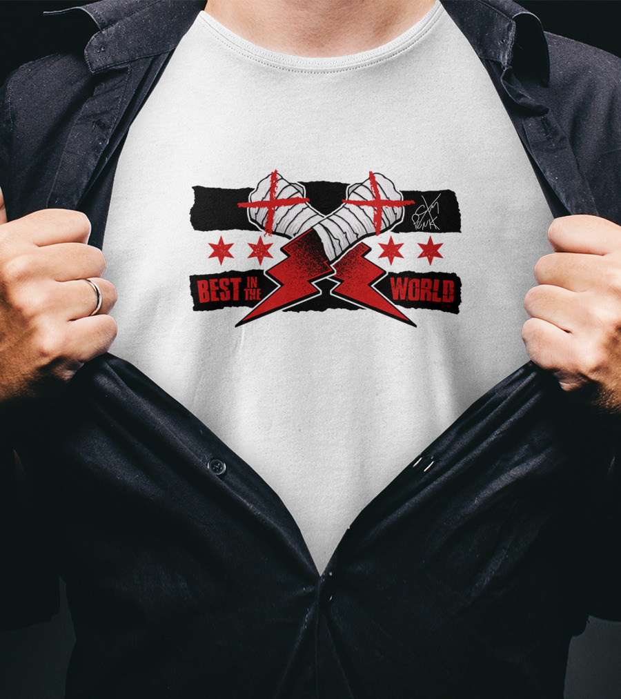 Best In The World Cm Punk Crossing Taped Hands Lightning Bolts Red Stars T-Shirt