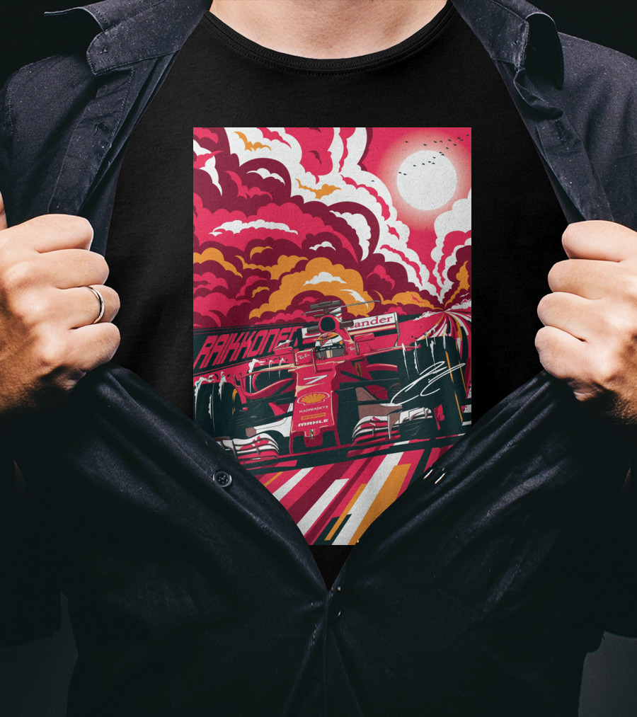 Raikkonen Formula 1 Racing Ferrari F1 Car Sunset Scene T-Shirt